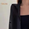 Women Shirt Lapel Long Sleeve Single Breasted Shirt Tops Solid Color Loose Fit See-through Glossy Fabric Sunscreen Thin Shirt