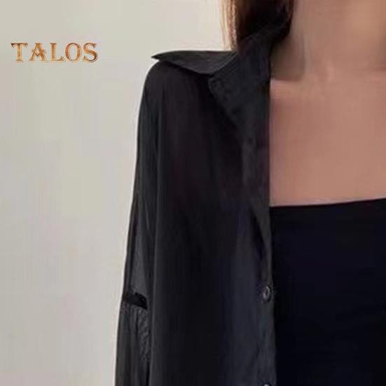 Women Shirt Lapel Long Sleeve Single Breasted Shirt Tops Solid Color Loose Fit See-through Glossy Fabric Sunscreen Thin Shirt