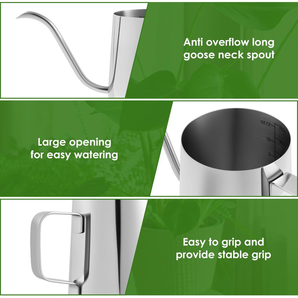 Kleine Gießkanne (350 ml) für Zimmerpflanzen, rostfreier Edelstahl 304 mit ergonomischem Griff