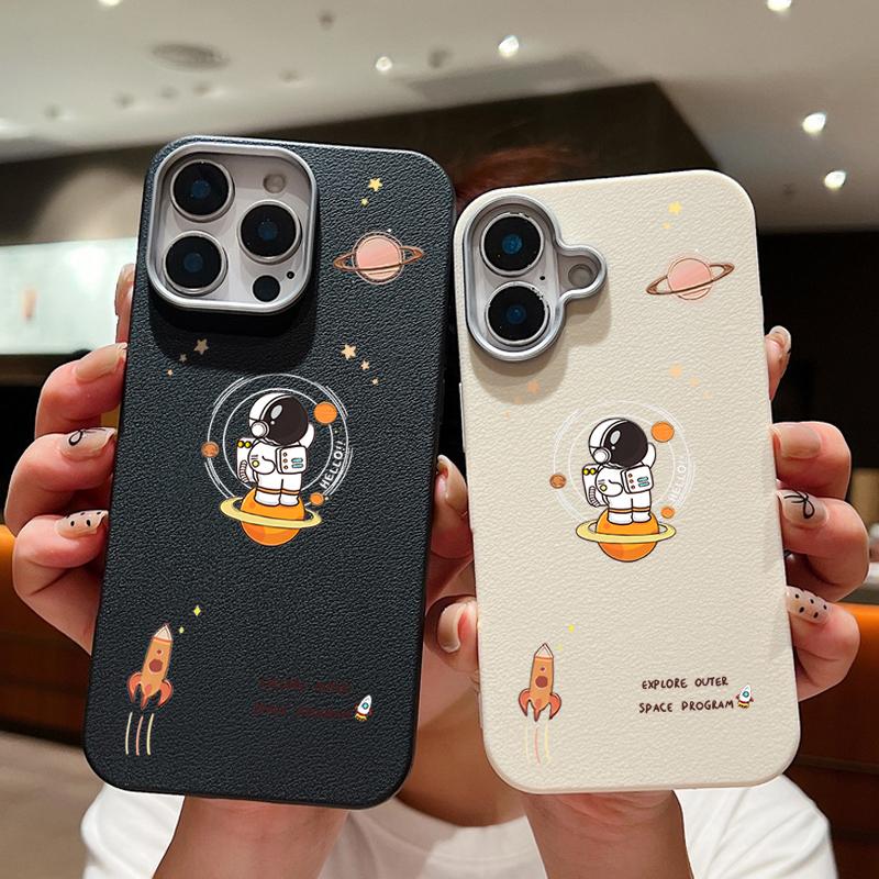 Cartoon Astronaut Leather Texture Soft Case For iPhone 16 15 14 Pro Max 15 Plus 13 12 Pro Max 11 Shockproof Silicone Phone Cover