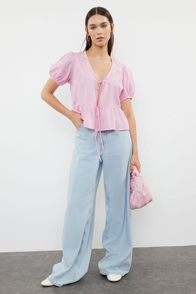 Women's Style Shirt Pink Tie-Up Woven Shirt