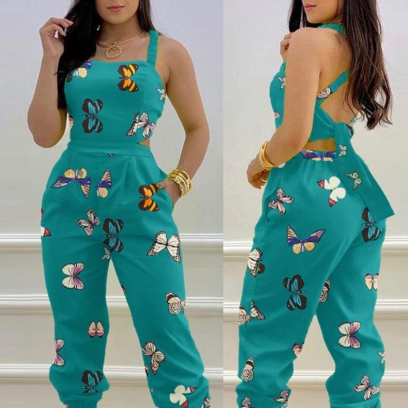 Women Printed Back Strapjumpsuit European and American Women Butterfly Print Back Strap Jumpsuit