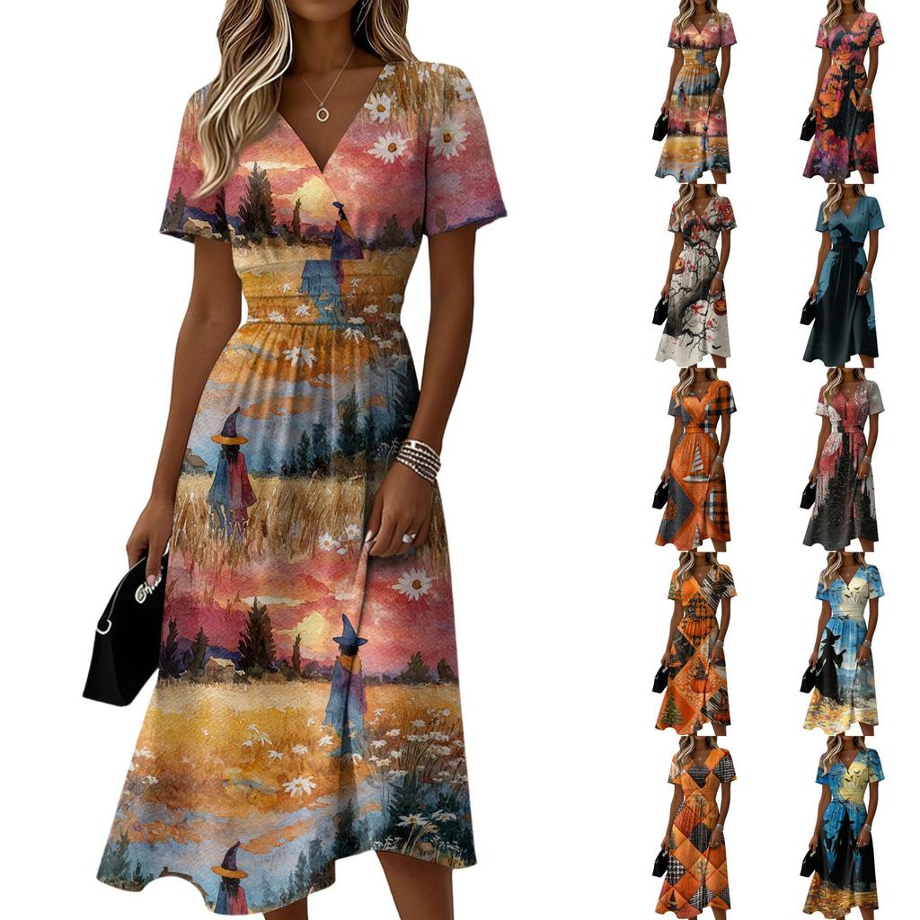 Women Halloween Print V Neck Short Sleeve Midi Dress Casual Loose Fit Holiday Style Lightweight Fabric