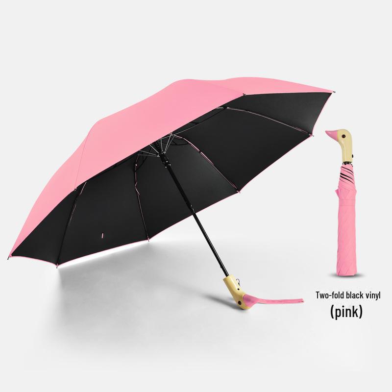 Cartoon Duck Umbrella: Semi-Automatic, Multi-Color, Black Plastic, Wooden Handle, Cute Yellow Duck Design