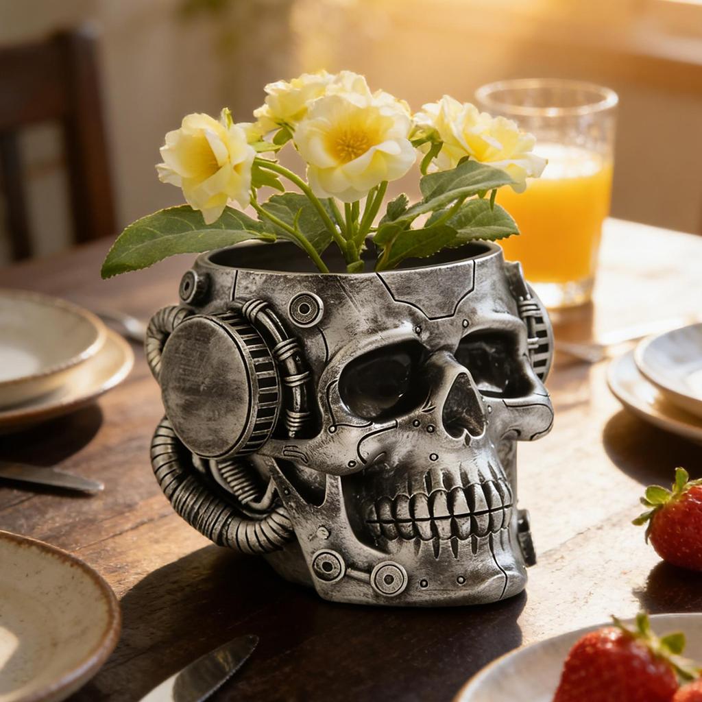 Skull Planter Spooky Gothic Display Pen Holder Skull Flower Pot Head Planter for Indoor Outdoor Home Bedroom Living Room Kitchen