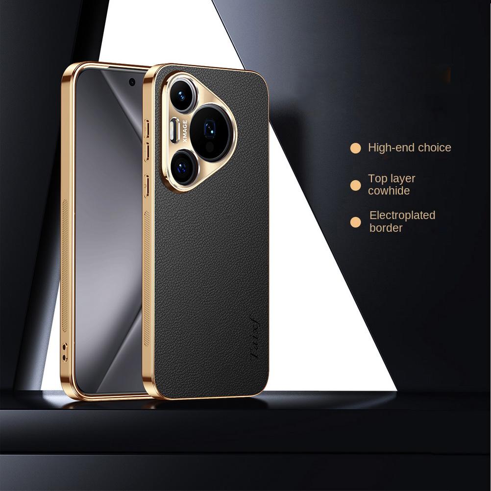 First Layer of Cowhide Lychee Texture Electroplated Frame Case For Huawei Pura 80 Ultra 70 Pro P60 P50 Mate 70 Pro + 60 50 Cover