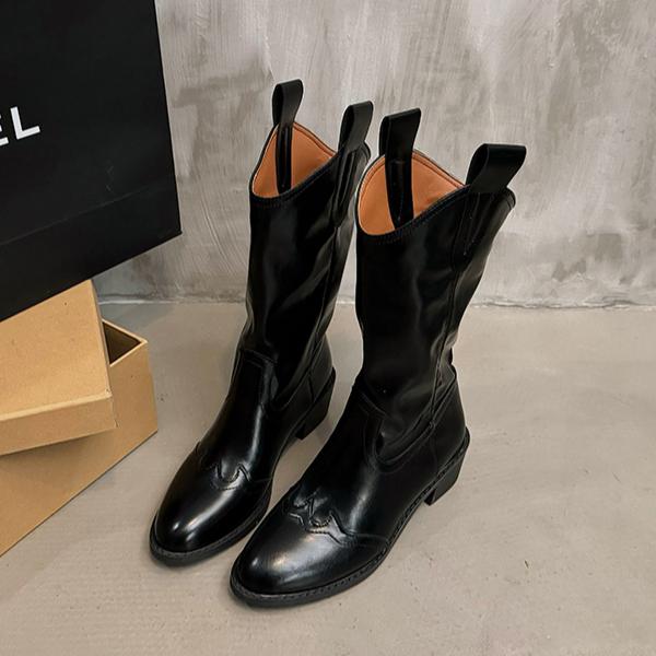 Pointed Toe Women High Boots Designer Chunky Leather Shoes Winter 2025 Trend Goth Pumps Shoes Fad Mid Calf Chelsea Botas Mujer