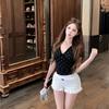 French Black Polka Dot Lace V-neck Short-sleeved T-shirt Women's Summer Slim and Thin Short Sweet and Spicy Clothes