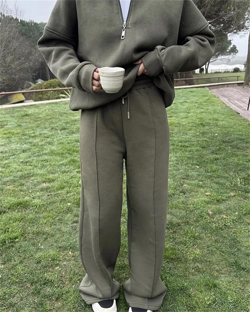 Graues Kapuzen-Sweatshirt mit Reißverschluss und weitem Hosenanzug