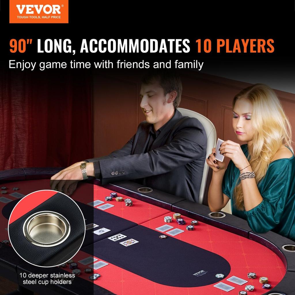 10 Player Foldable Poker Table, Blackjack Texas Holdem Poker Table with Padded Rails and Stainless Steel Cup Holders, Portable Folding Card Board Game
