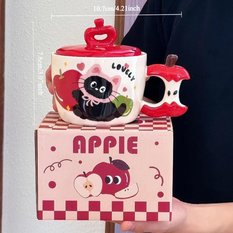 

Cat Apple Ceramic Cup Fashion Creative Makeup Cup Lid Handheld Gift Water Cup Christmas Coffee Cup Breakfast Milk Cup Water Cup 450ml червоний