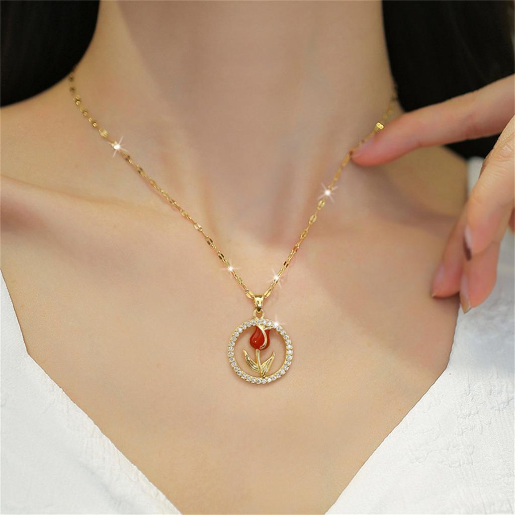 Elegant Stainless Steel Opal Tulip Flower Pendant Necklace For Women Delicate Rose Floral Clavicle Chain Choker Wedding Jewelry