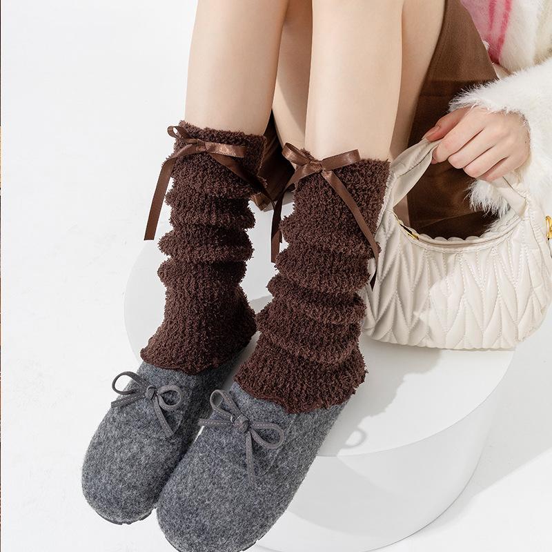 

1Pair Plush Skin-friendly Warm Calf Leg Cover Cotton Sock Cover Soft Thick Versatile Stacked Socks Fashion Bow Tie Comfortable
