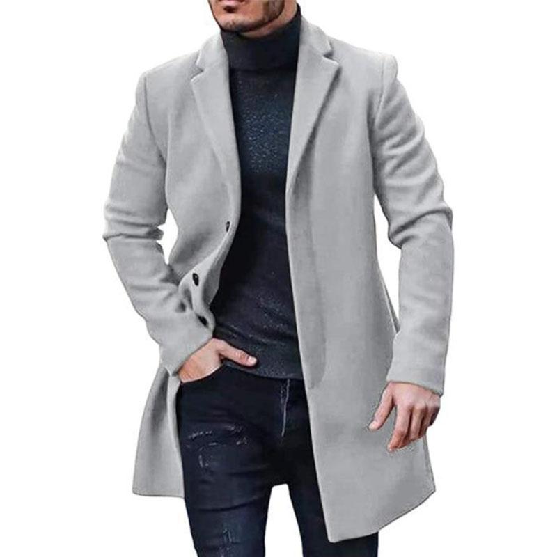 Men Winter Solid Color Suit Coat Lapel Long Sleeve Flap Pockets Single Breasted Mid Length Warm Jacket Overcoat
