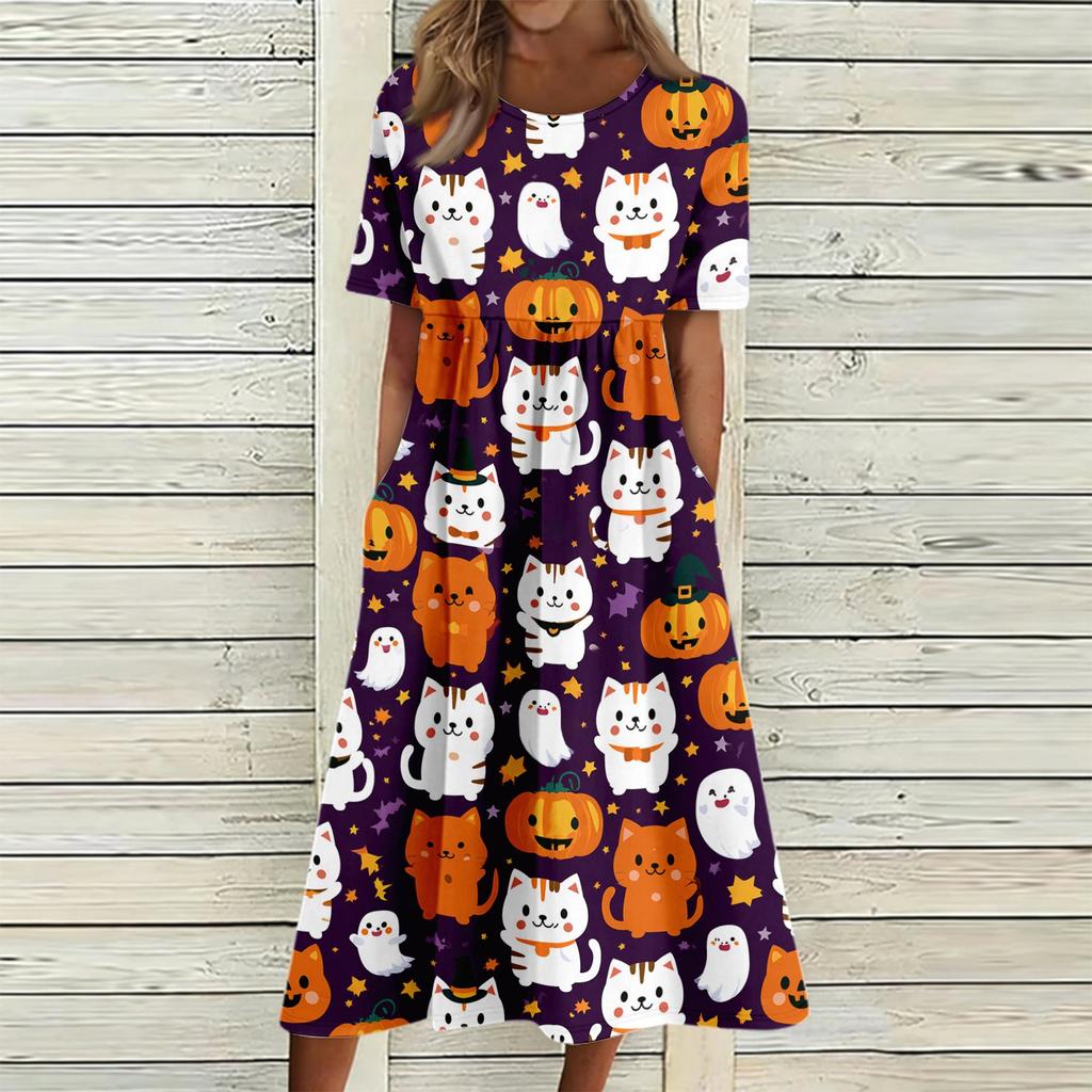 Damen Freizeitkleid mit Halloween-Print, Rundhalsausschnitt und Taschen für Partys