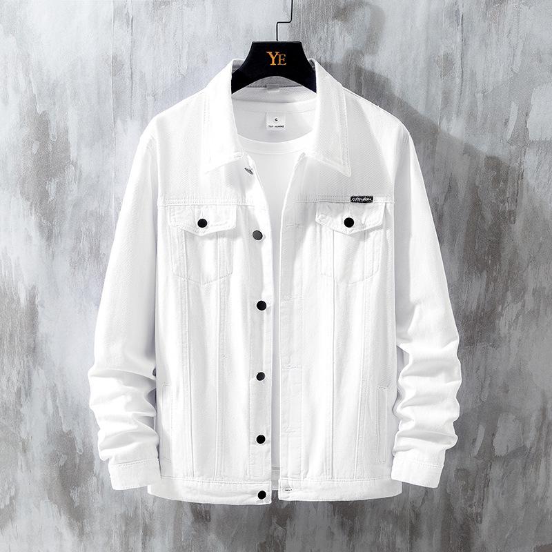 Men's Casual Denim Jacket - White & Black, 2022 Spring/Autumn Collection, Solid Color, Trendy All-Match Design
