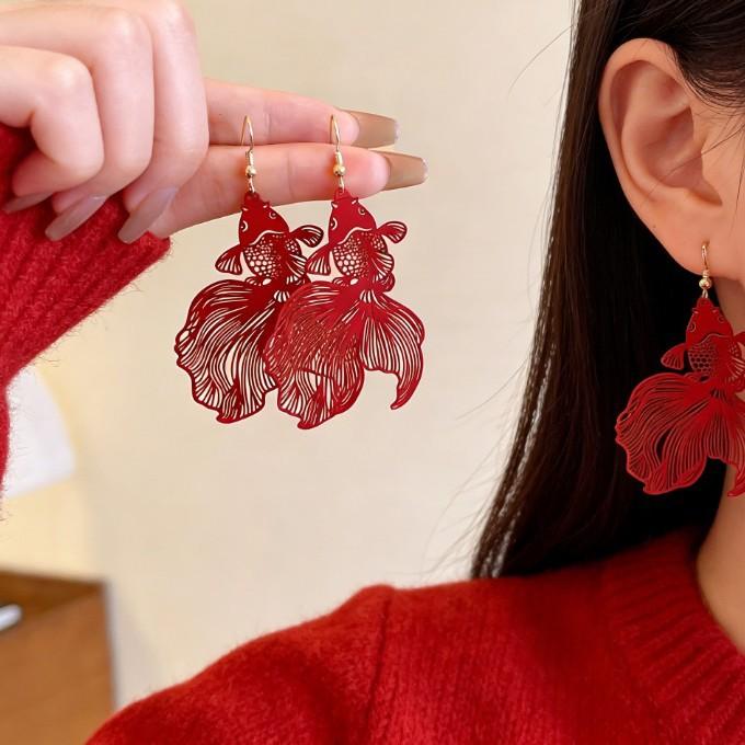 New Chinese Red Koi Ear Clips Without Ear Piercings, National Style, Festive And Exaggerated Earrings, Wedding Bride Earrings, Women