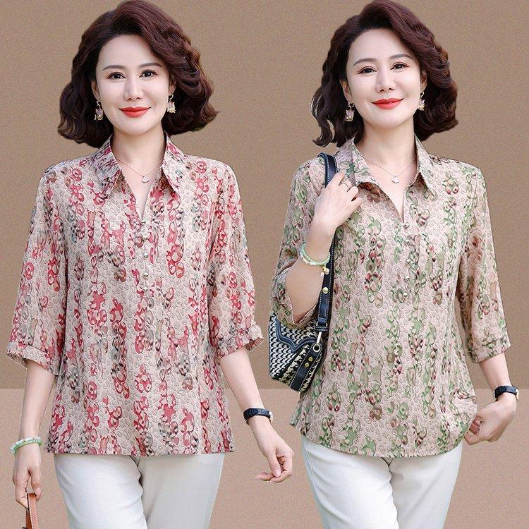 Sommer-Übergrößen-Hemd für Damen, bedrucktes lockeres Oberteil, Maulbeerseidenmischung, Urlaubs-Arbeitskleidung für Damen