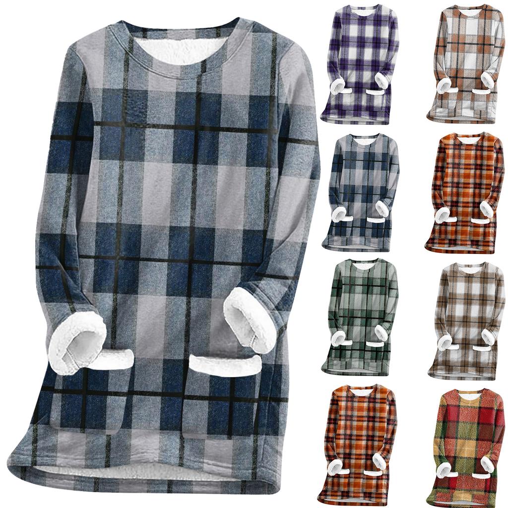 Women's Fashion Plaid Print Round Neck Long Sleeve Plush Winter Warm Pullover Top