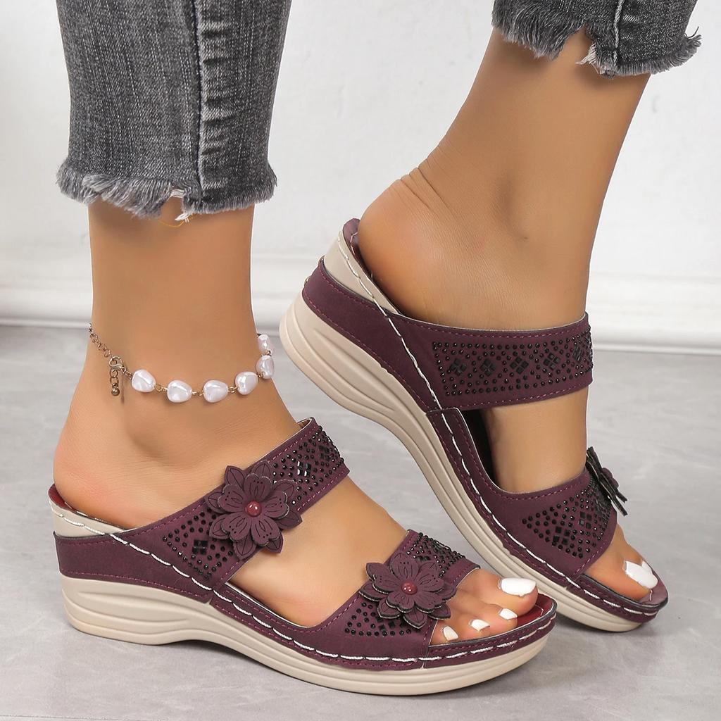 2026 Plus Size Women's Shoes Summer Retro Roman Sandals Women Pu Casual Flower Wedge Sandals Slippers Women Platform Slippers