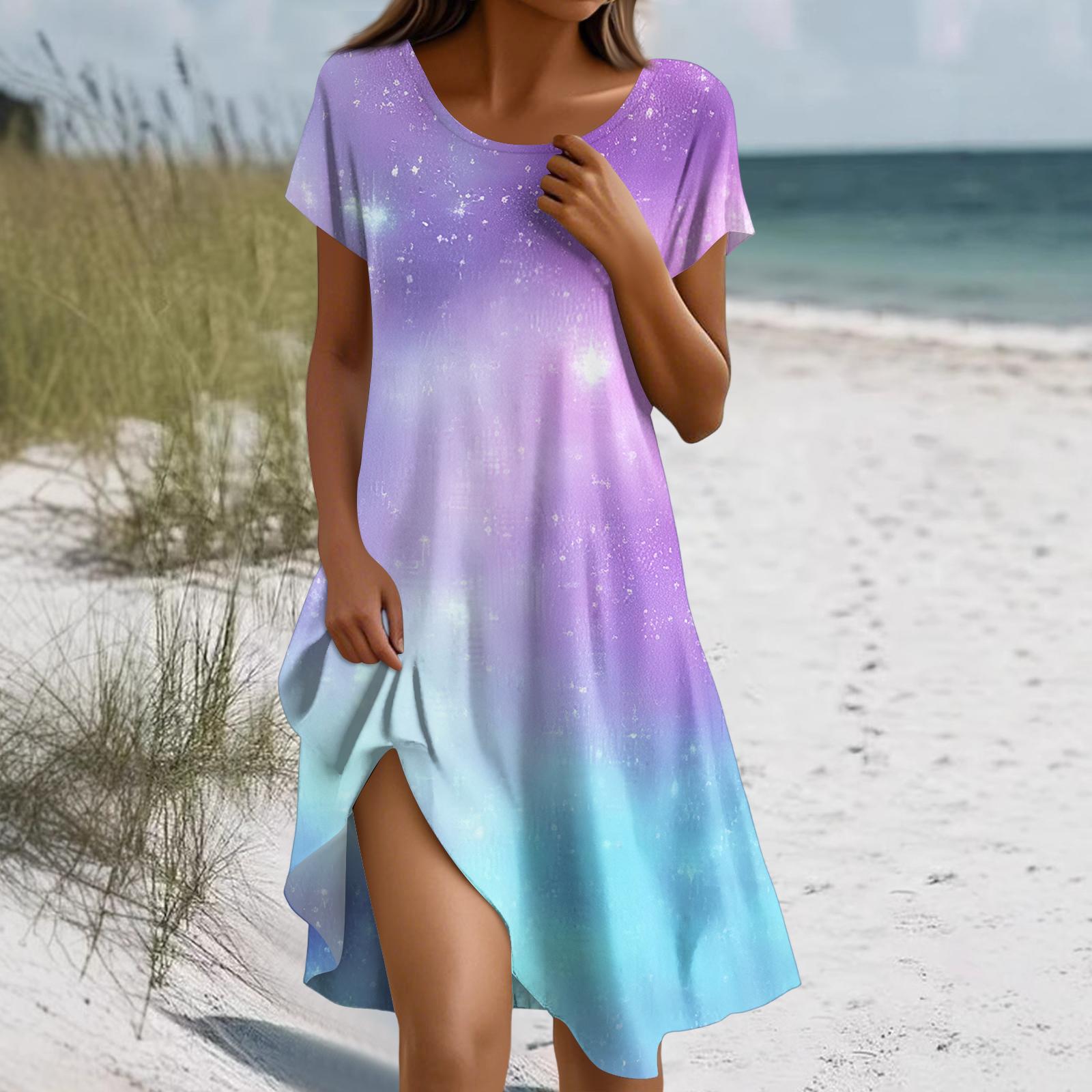 

Women s Fashion Short-Sleeve Bohemian- -Print Dress With Pockets XL