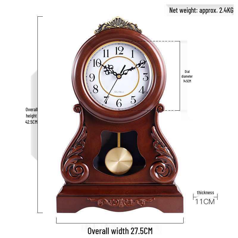 European Solid Wood Retro Mantel Clock - Silent Quartz, Large Chime Table Clock for Living Rooms