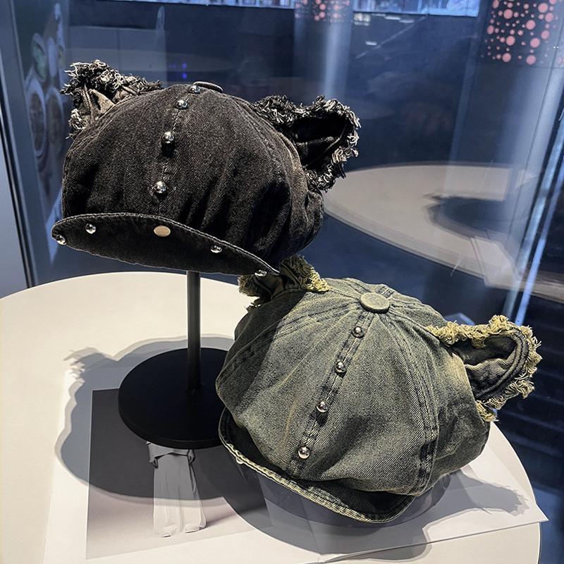 Cowboy Style Denim Beret With Studded Detail For Casual Streetwear And Outings