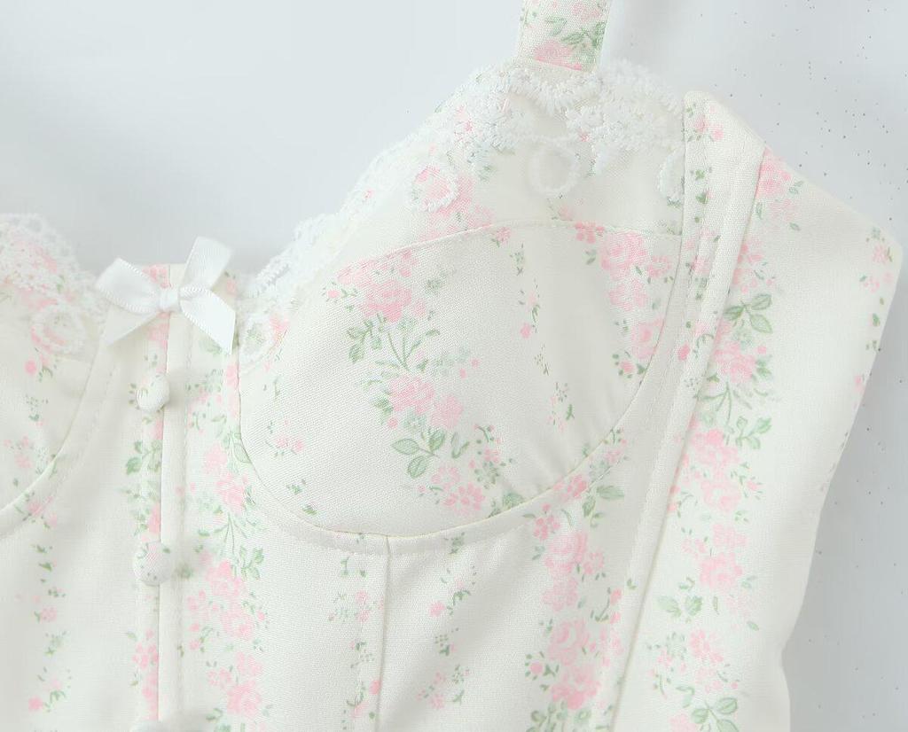 Traje Francés Dulce Floral 2026: Camisola con cordones y Falda de cintura alta
