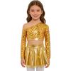 Kids Girls Jazz Dance Costume One Shoulder Long Sleeve Sequins Top with Elastic Waistband Metallic Tutu Skirt for Performance Competition