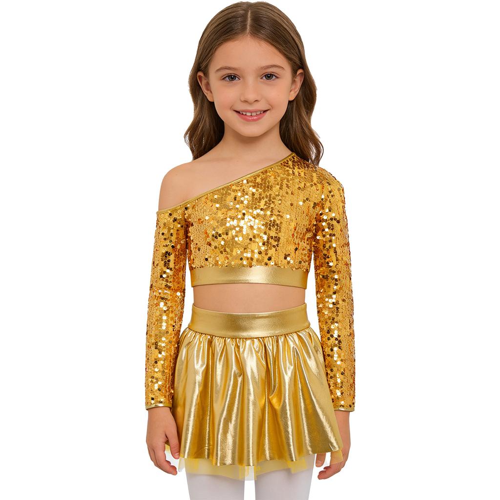Kids Girls Jazz Dance Costume One Shoulder Long Sleeve Sequins Top with Elastic Waistband Metallic Tutu Skirt for Performance Competition