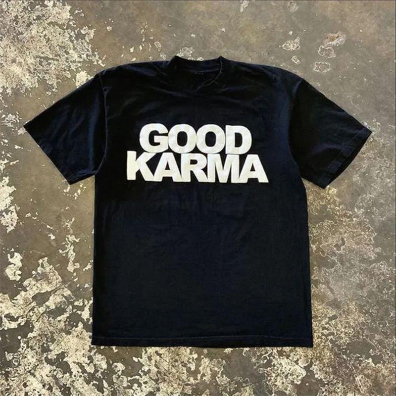 Y2K Hip-Hop Streetwear Tees Oversized Letter Print “GOOD KARMA” Y2k O-neck Loose Cotton T-Shirt Cute Top Unisex