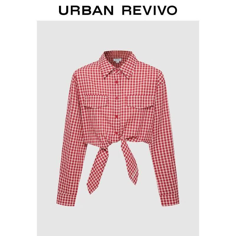 UR2026 Women s Plaid Hem-Tie Crop Shirt M