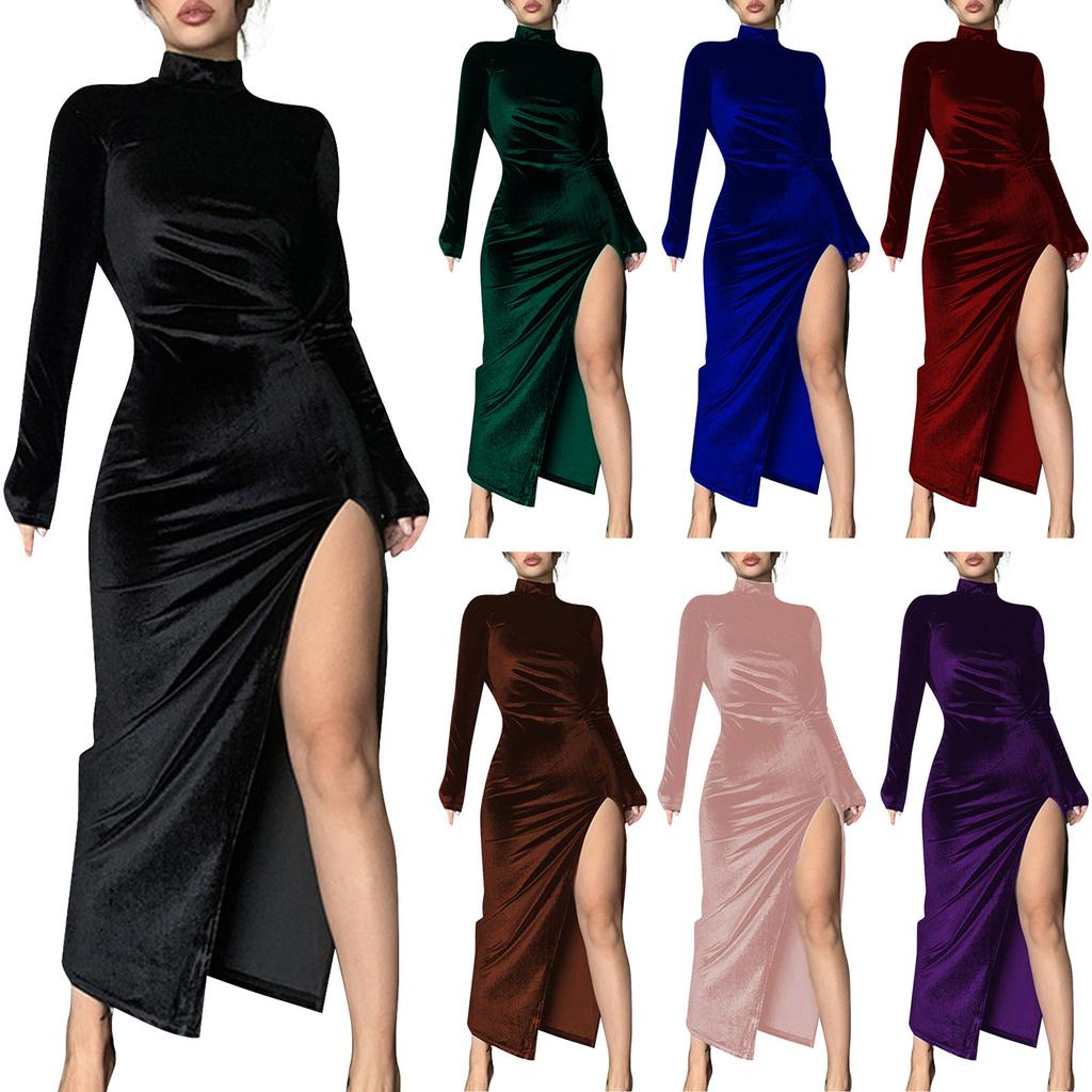 Women's Fashion Solid Colour High Neck Long Velvet Slim Fit Crinkled Split Dress