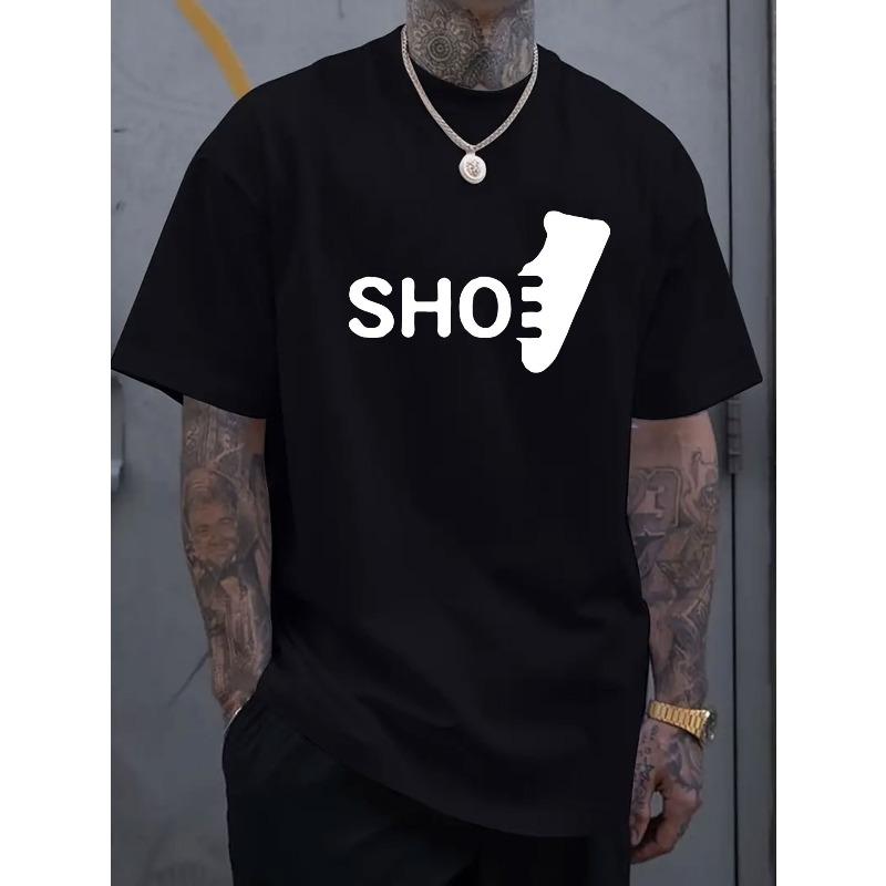 

SHOE letter shoe pattern printed men s round neck short sleeved T-shirt, simple T-shirt, casual sports top suitable for spring and summer vacation S чёрный