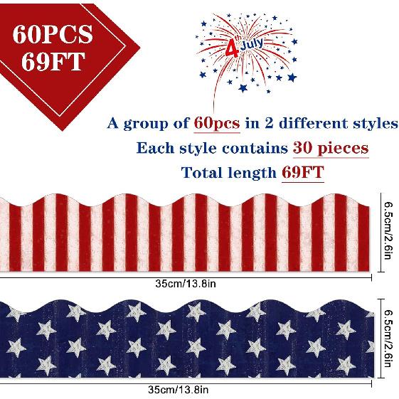 Whaline 69Ft 4th of July Bulletin Board Border 60Pcs Patriotic Stars Stripes Trim Border Stickers for Independence Day Memorial Day School Classroom