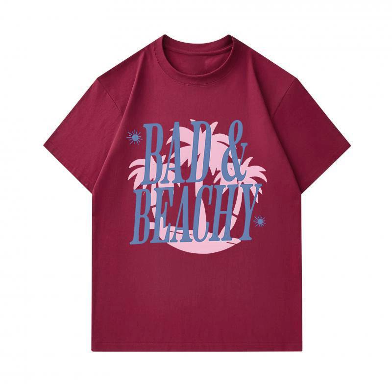 Men's 100% Cotton Crew Neck Short Sleeve T-Shirt, Casual Bad & Beachy Letter Print Palm Sun Pattern Soft Breathable Summer Daily Tees for Beach Vacati