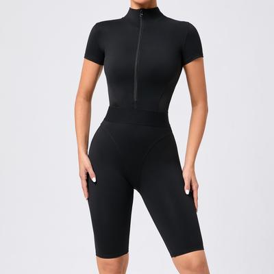 Women's Waist-Hugging Open-Neck Short-Sleeve Mesh Patchwork Yoga Jumpsuit - Fitness Sportswear