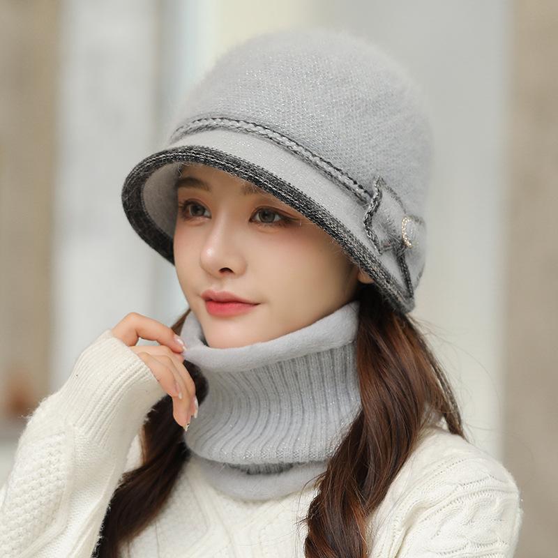 Autumn Winter Women's Rabbit Fur Hats Neck Scarf Sets Solid Color Basin Hat Knitted Woolen Caps Warm Casual Fisherman Hats with Scarf Trendy
