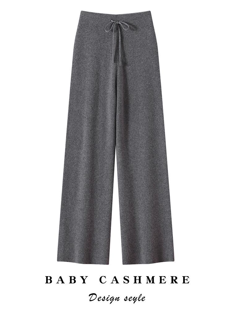 100% Pure Cashmere Women's High-Waisted Wide-Leg Knit Trousers