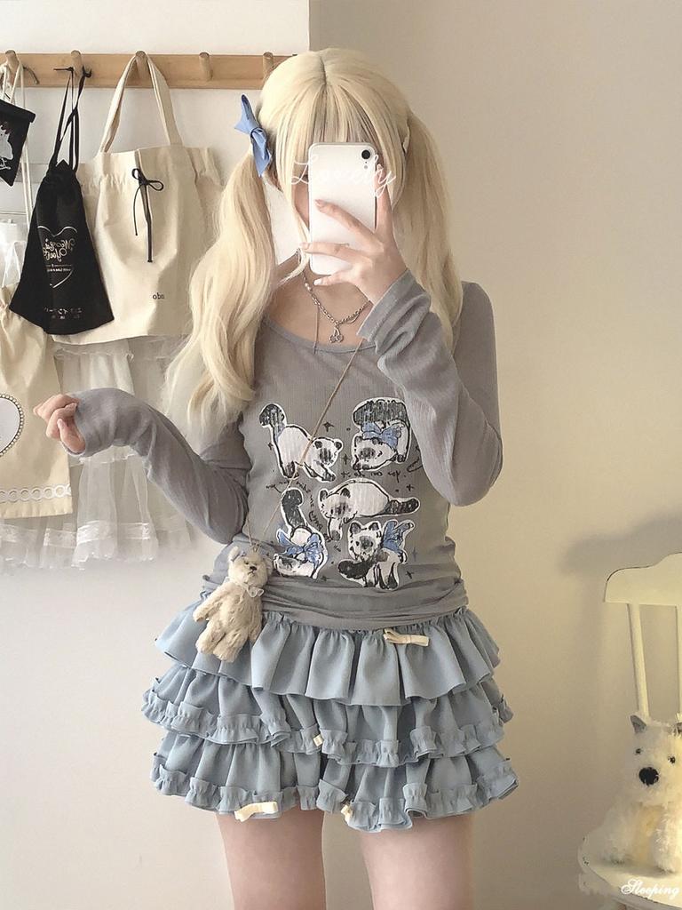 Bow Mini Skirt for Women Kawaii Cute Ruffle Cake Skirt Shorts Girls Harajuku Japanese Style Clothing