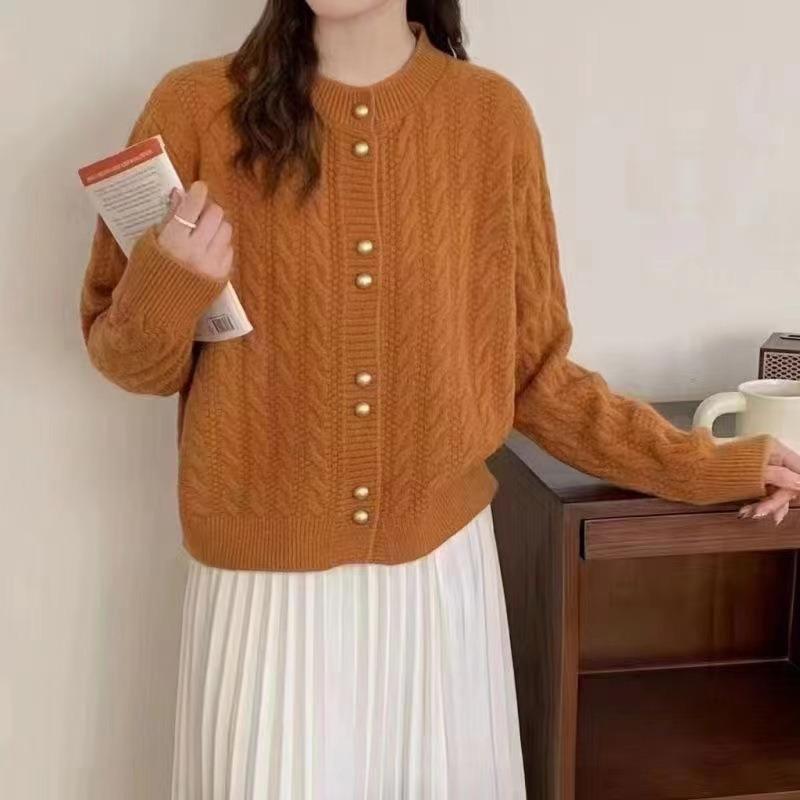 Autumn and Winter New Retro Twist Double Button Knitted Cardigan Women's Crew Neck Versatile Loose Sweater Jacket Tide