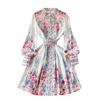 Retro Stand Collar Single-Breasted Lantern Sleeve Pleated Dress