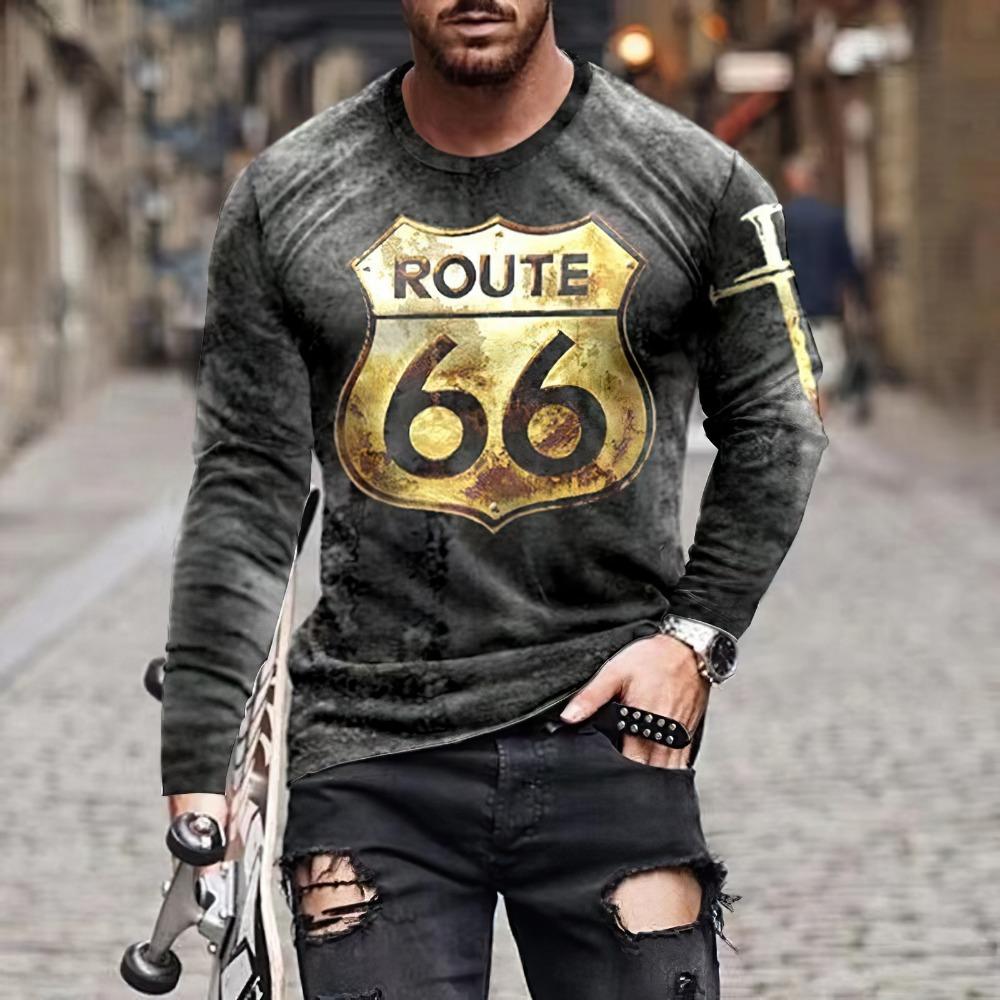 ETST31 2024 Heren T-shirts Lange Mouw 3D Print Top Casual Katoen Vintage T-shirt Vintage Route 66 Tee Los Sport O-hals Kleding 5xl 4XL
