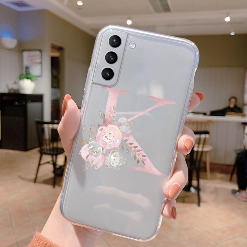 Initial Letter Cover For Samsung Galaxy S23 S24 S25 Plus Ultra Case Transparent Soft Silicone Flowers Capa For Samsung S23+ Bag