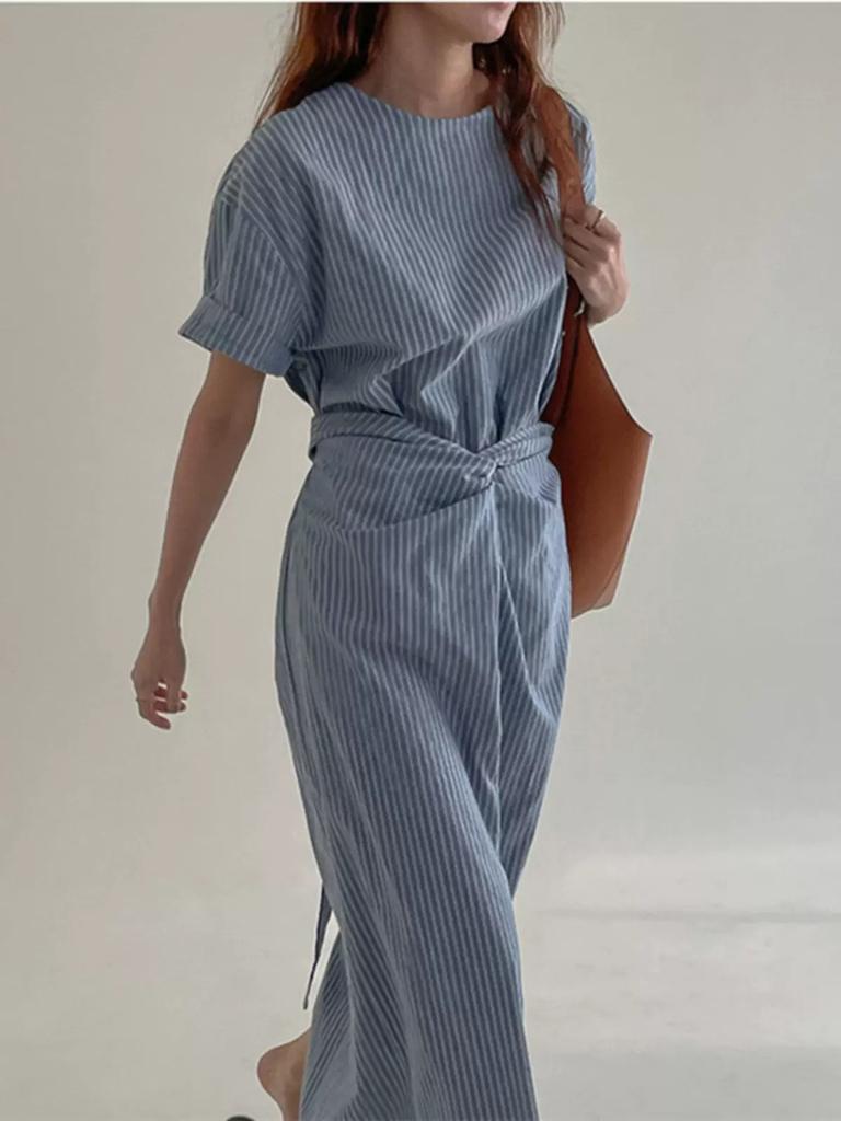 Johnature Korean Lazy Retro Striped Lace-up Waist Dresses Summer Women O-neck Short Sleeve Loose Casual Dresses