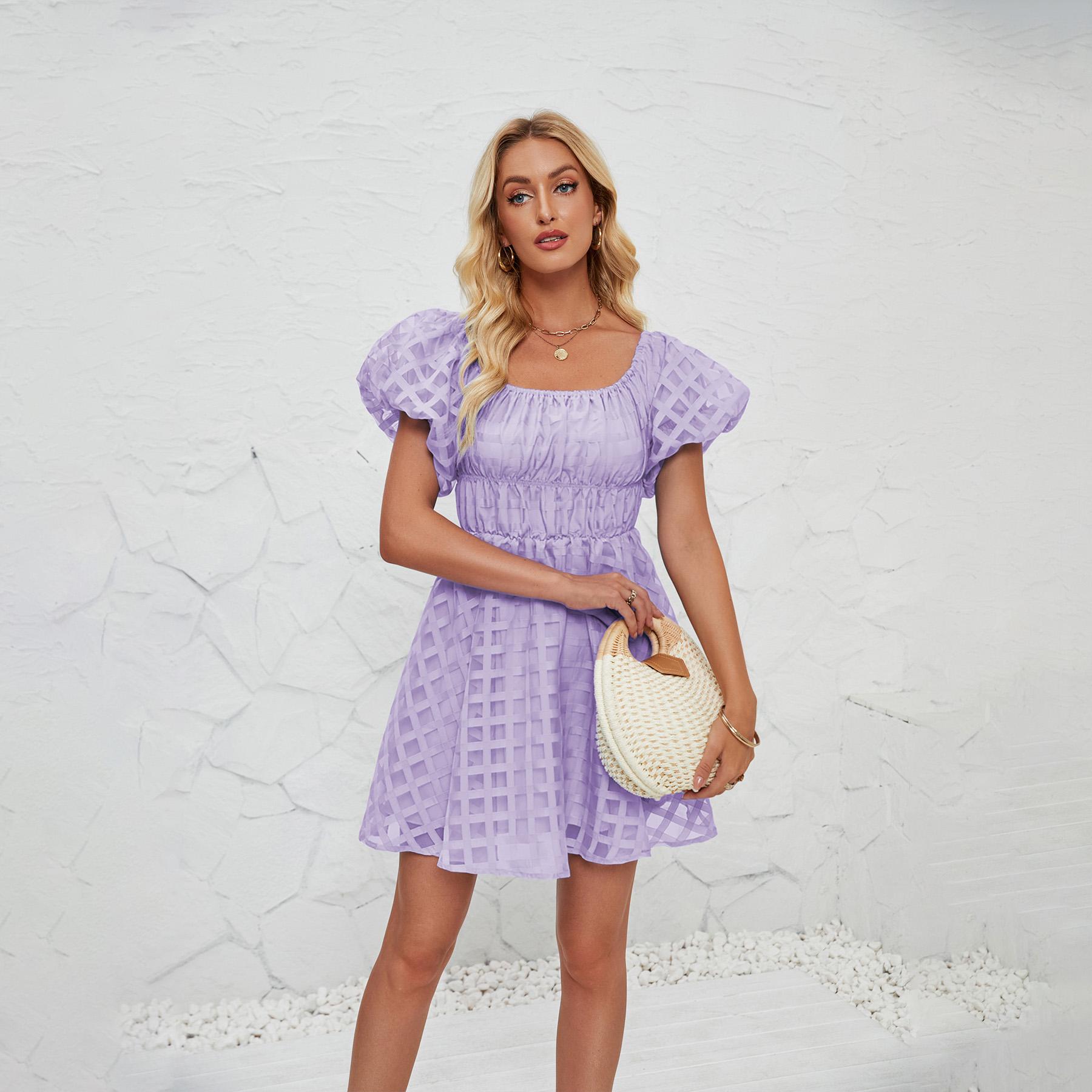 

Летнее женское модное однотонное плиссированное платье мини-длины с короткими рукавами XL светло-фиолетовый