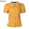 ZANZEA Women Turn Down Collar Summer Short Sleeve Casual Print Blouse