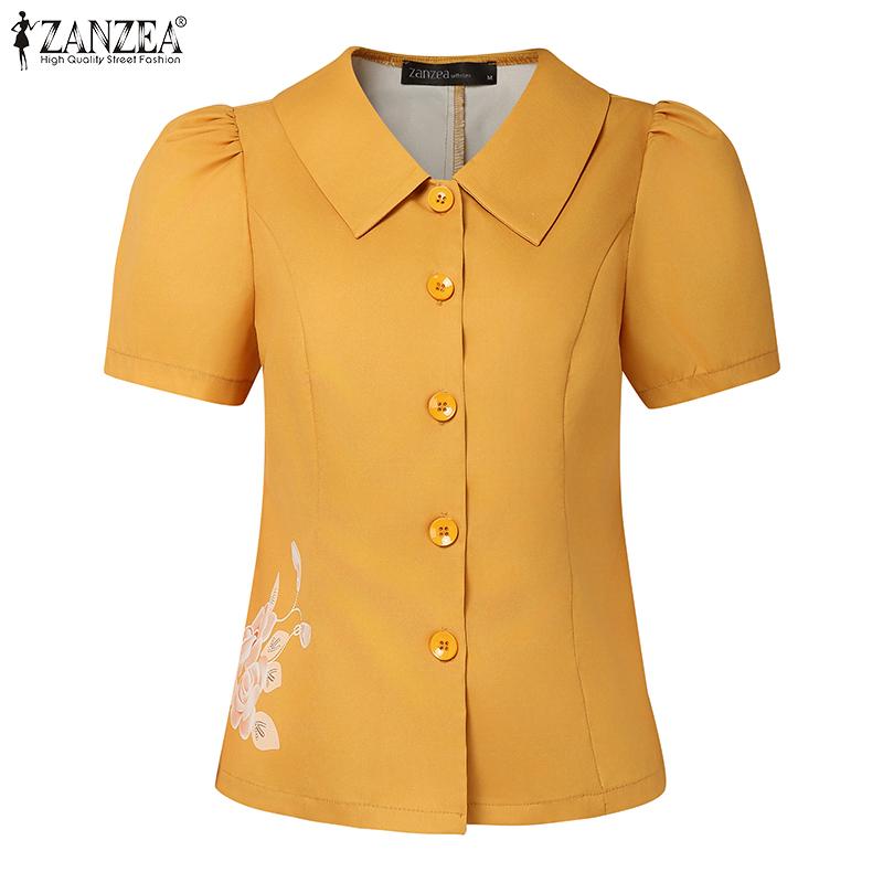 ZANZEA Women Turn Down Collar Summer Short Sleeve Casual Print Blouse