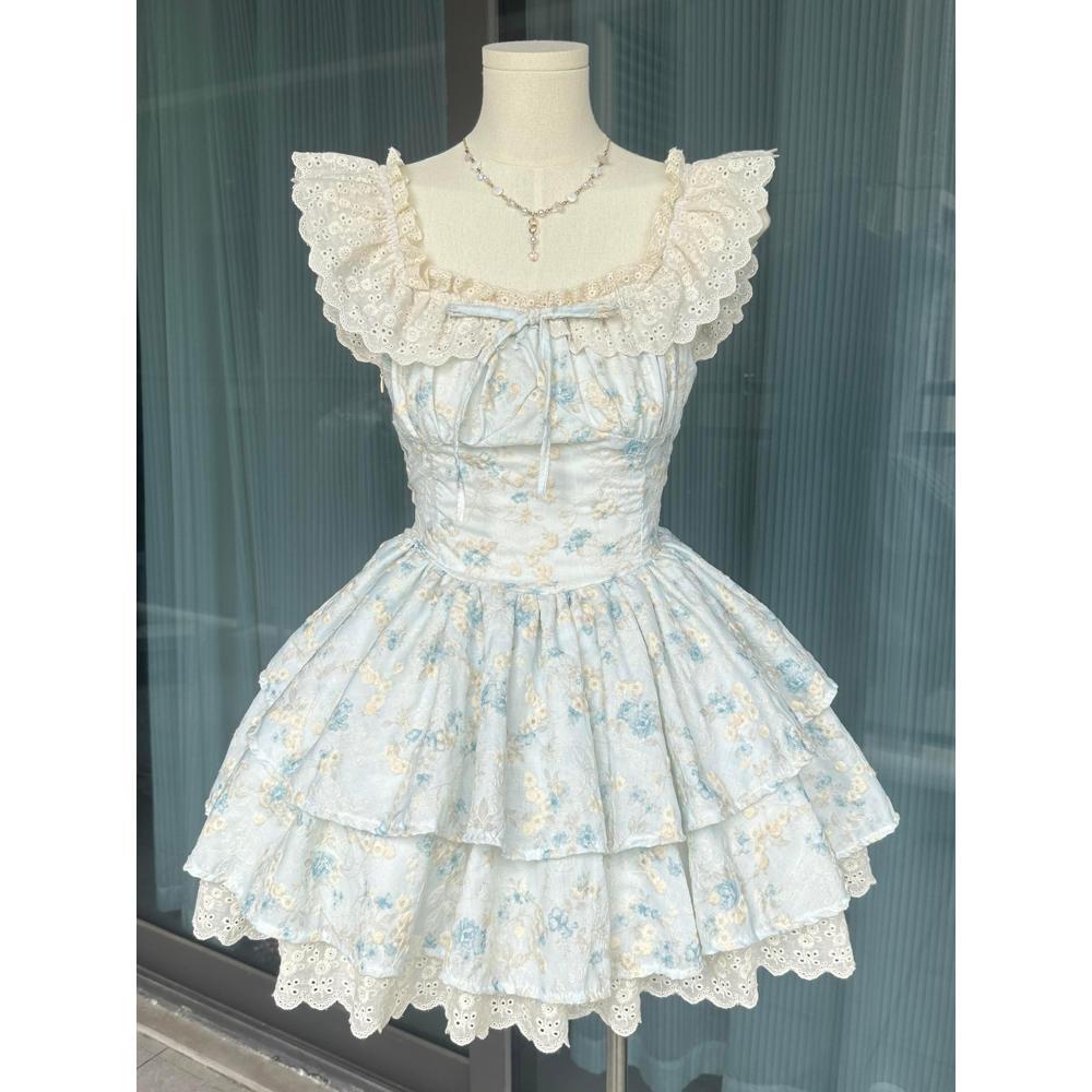 French sweet floral small flying sleeve dress summer new waist thin thousand gold wind splicing tutu skirt short skirt