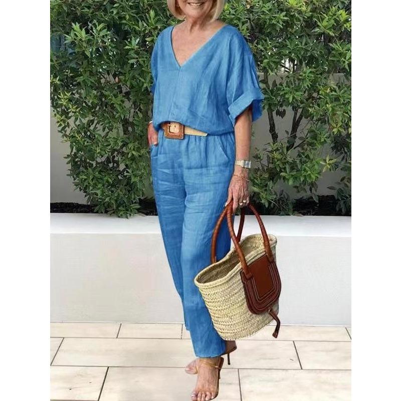 DAFIFY Damenmode Casual Sommer Frühling Volltonfarbe Druck Kurzarm V-Ausschnitt Hosen Hosenanzüge